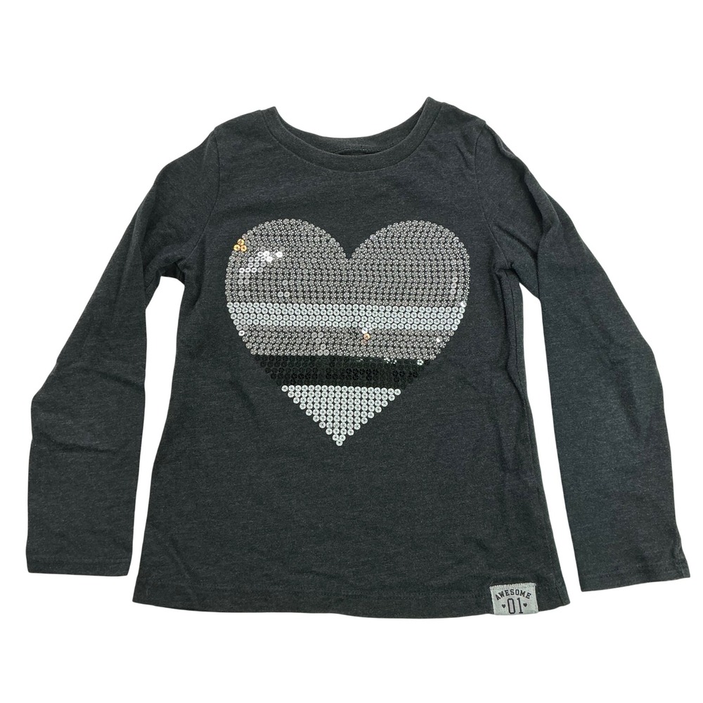 Carter's Gray Sequin Heart Long Sleeve Shirt Kids Size 6 Awesome 01 Graphic Tee